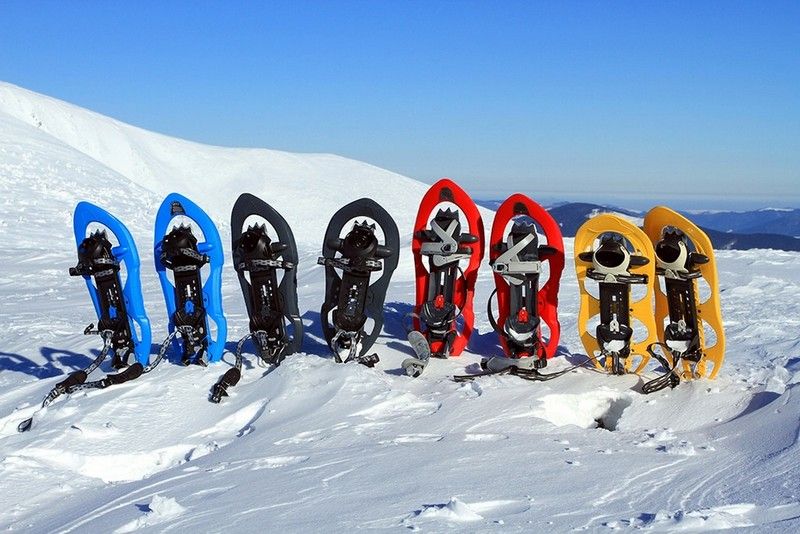 Schneeschuhe im Schnee mit Panoram